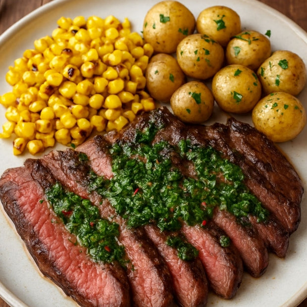 Flank Steak with Chimichurri, Grilled Corn, and Roasted Potatoes ( 5 Servings )