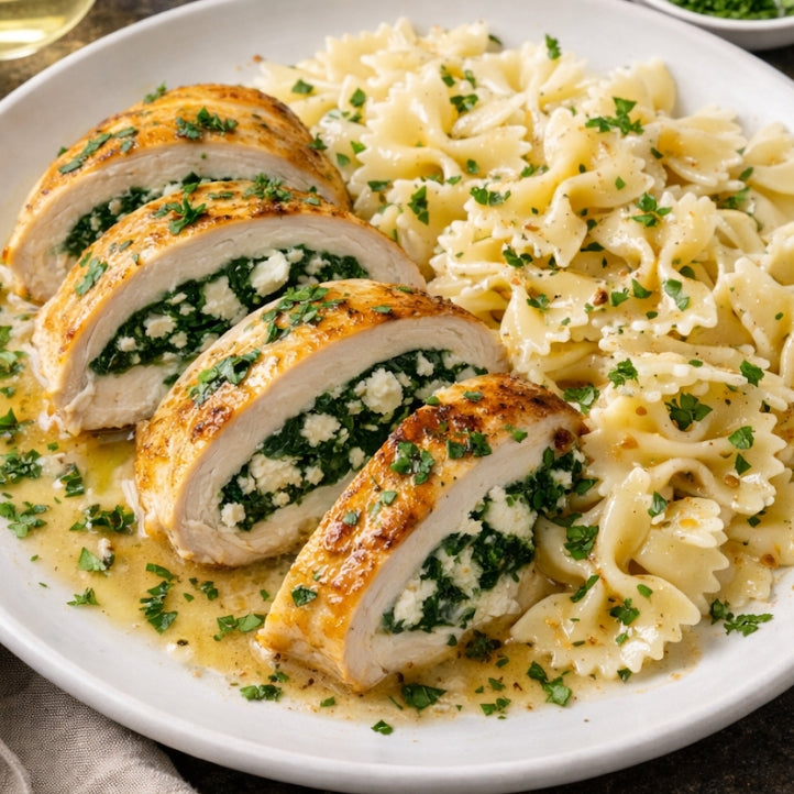 Spinach and Feta Stuffed Chicken with Bowtie Pasta ( 5 Servings)